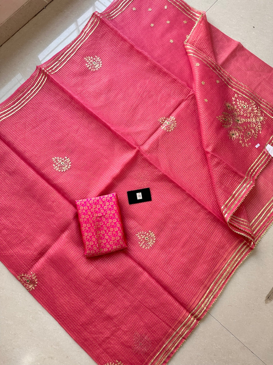 Jaipuri Pitta Work Embroidered Kota Cotton Tissue Saree