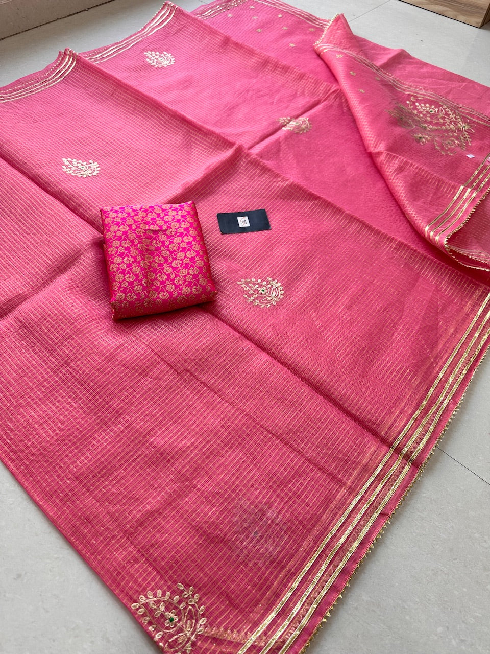 Jaipuri Pitta Work Embroidered Kota Cotton Tissue Saree