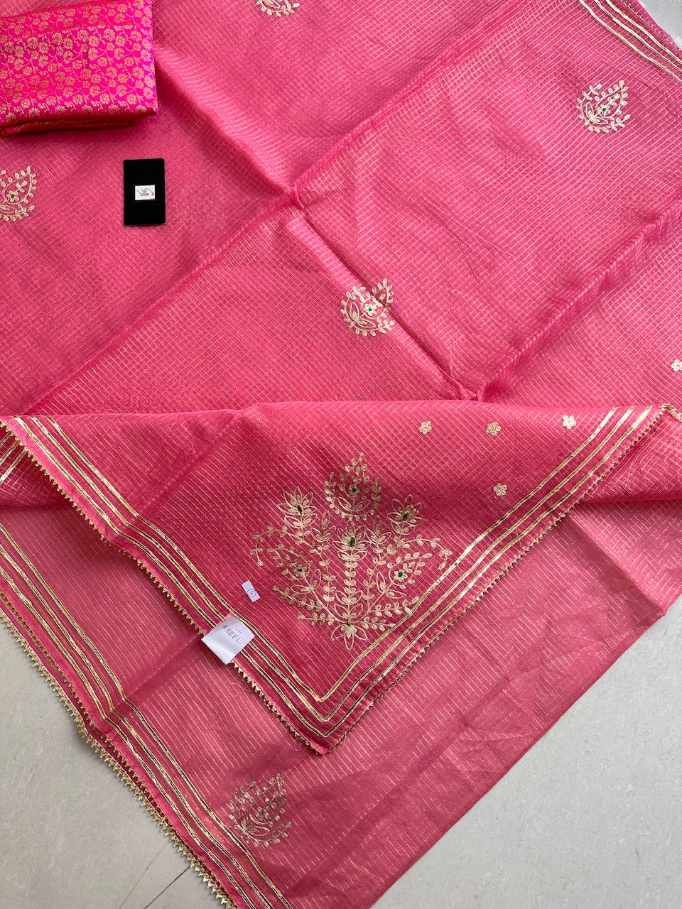 Jaipuri Pitta Work Embroidered Kota Cotton Tissue Saree