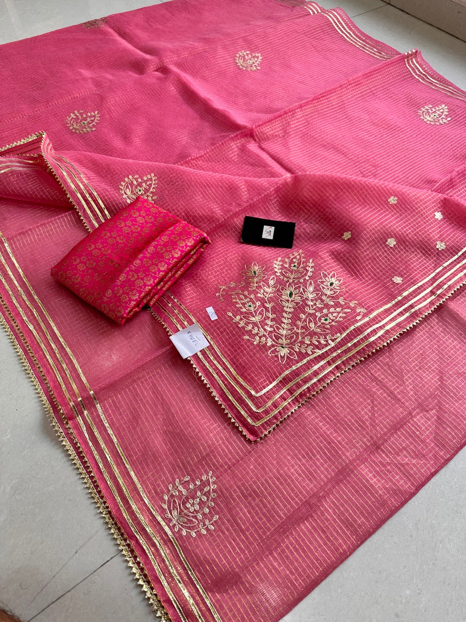 Jaipuri Pitta Work Embroidered Kota Cotton Tissue Saree