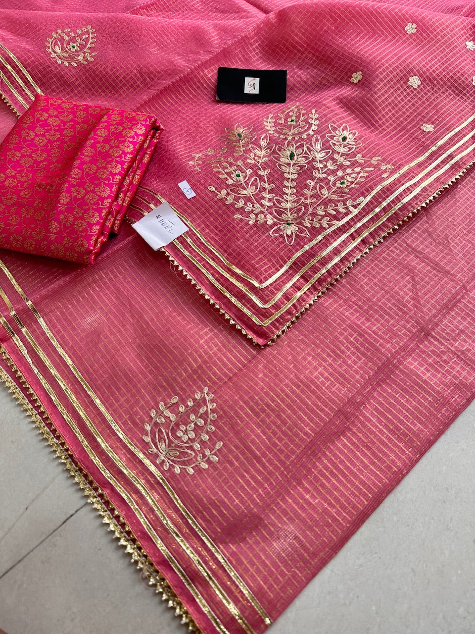 Jaipuri Pitta Work Embroidered Kota Cotton Tissue Saree