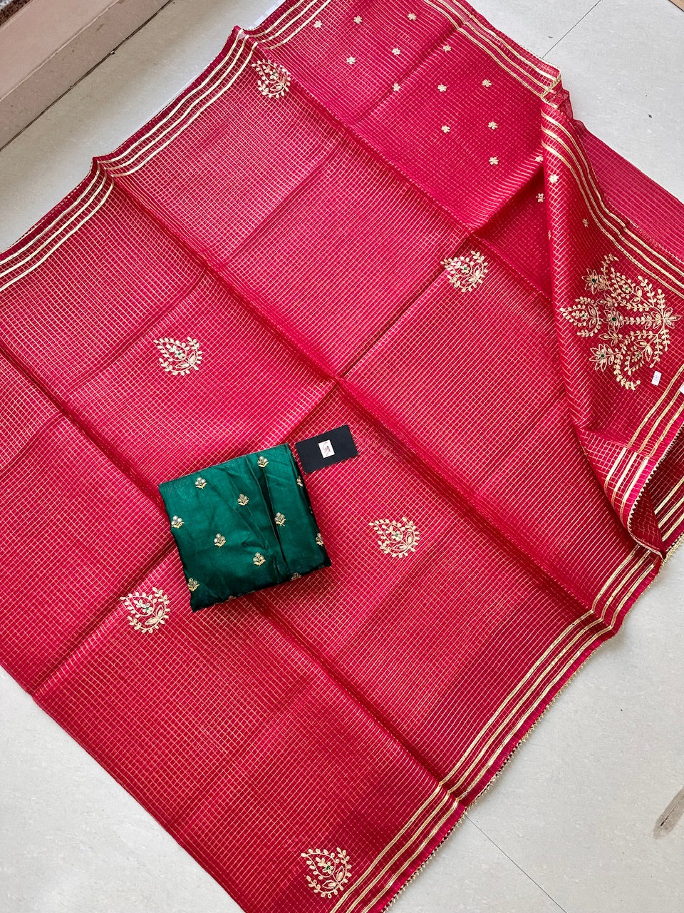 Jaipuri Pitta Work Embroidered Kota Cotton Tissue Saree