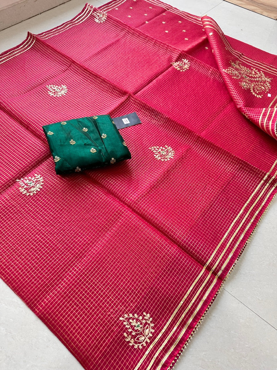 Jaipuri Pitta Work Embroidered Kota Cotton Tissue Saree