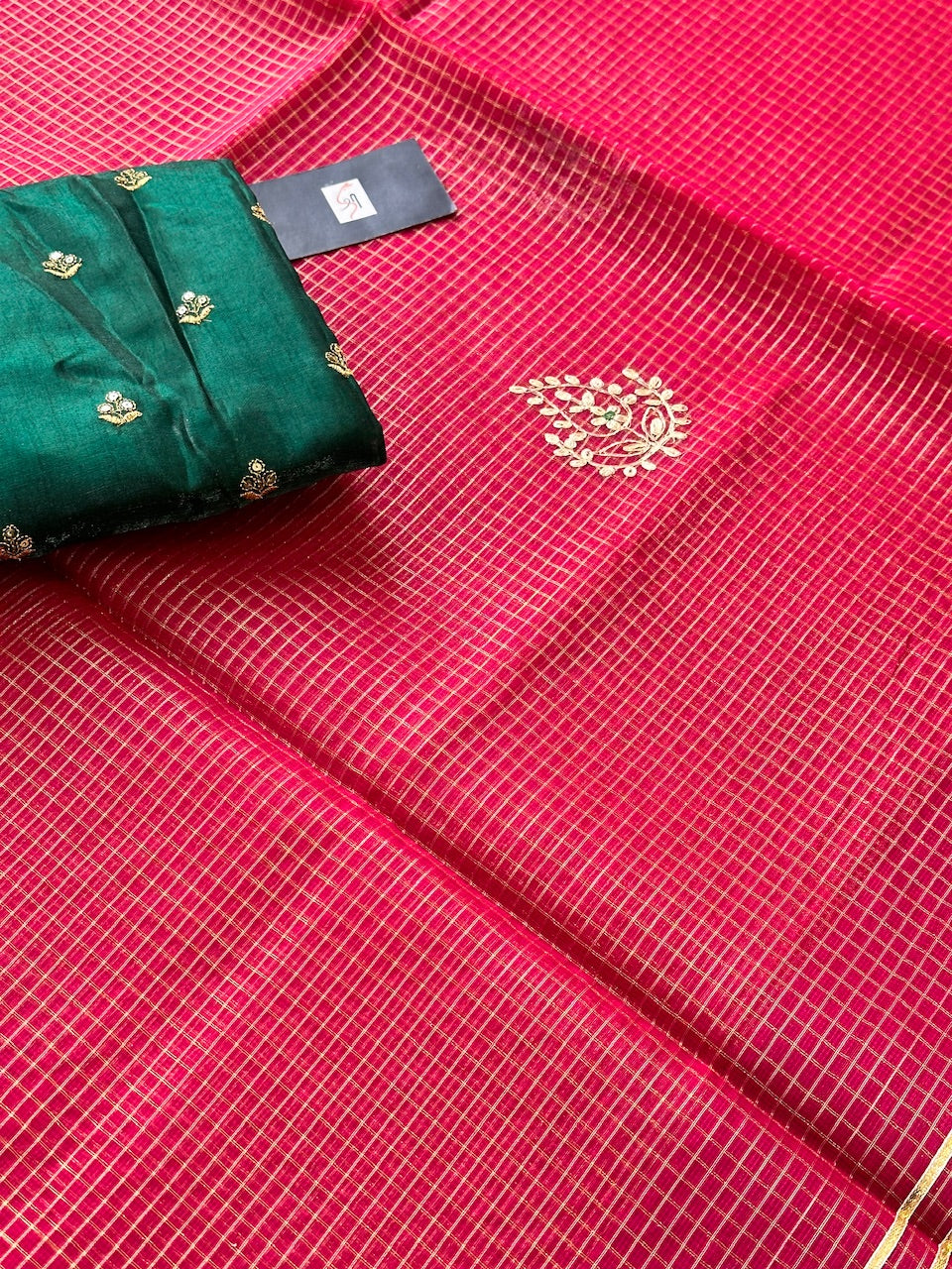 Jaipuri Pitta Work Embroidered Kota Cotton Tissue Saree