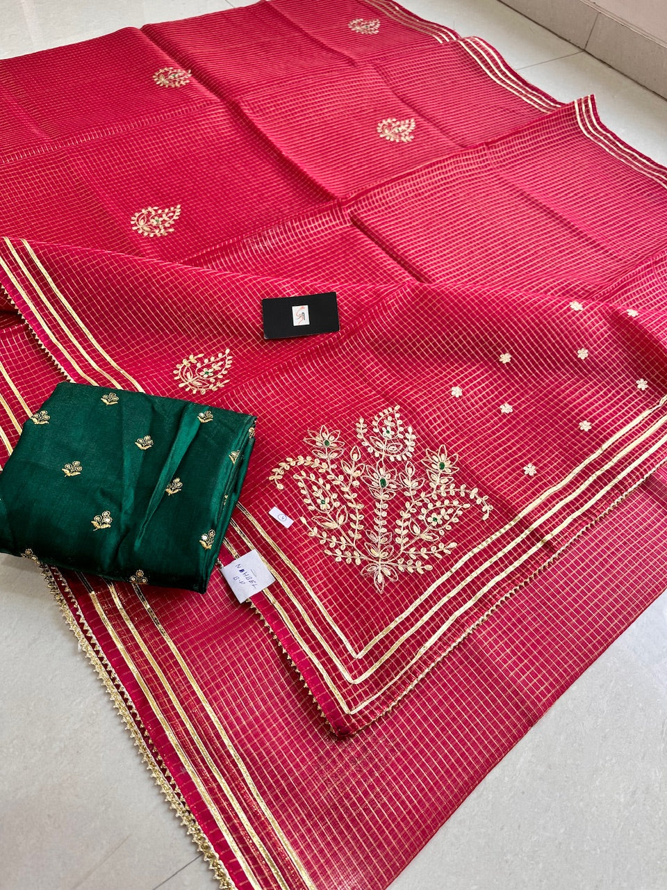 Jaipuri Pitta Work Embroidered Kota Cotton Tissue Saree