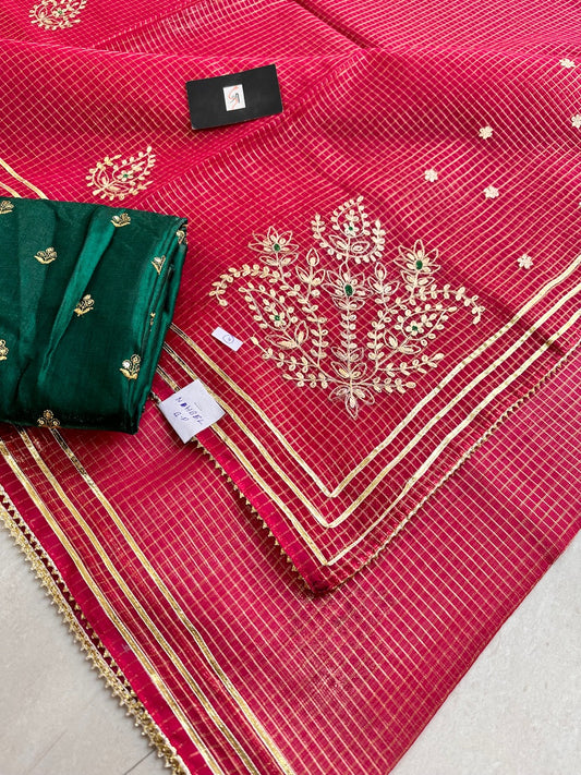 Jaipuri Pitta Work Embroidered Kota Cotton Tissue Saree