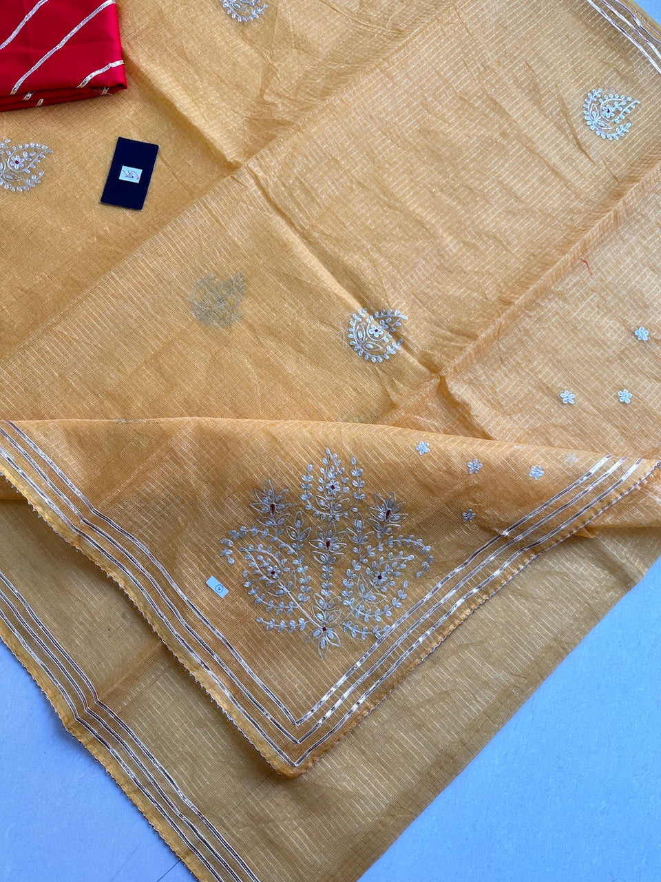 Jaipuri Pitta Work Embroidered Kota Tissue Cotton Doria Saree