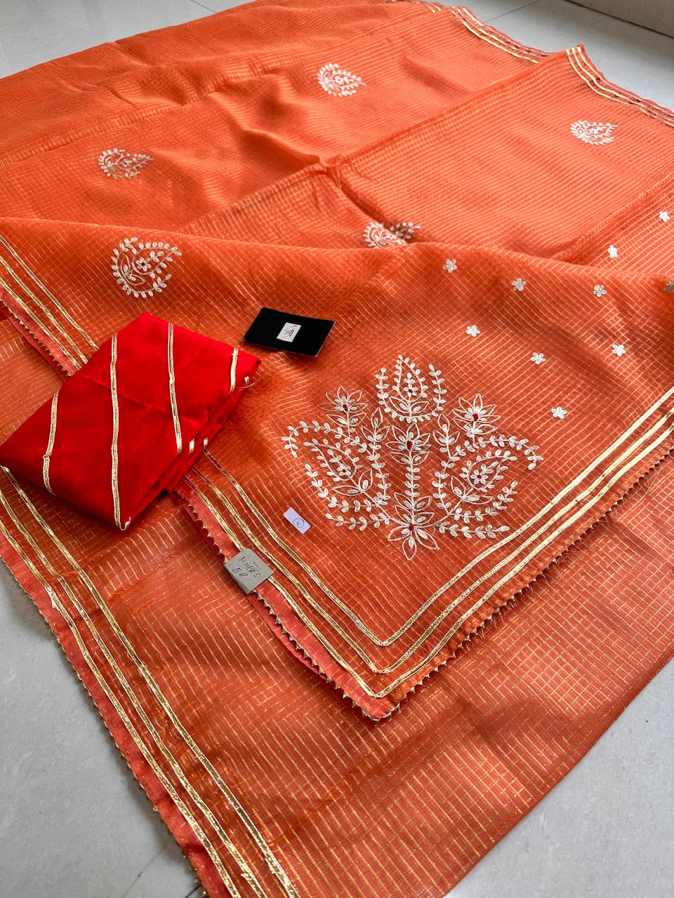 Jaipuri Pitta Work Embroidered Kota Cotton Tissue Doria Saree