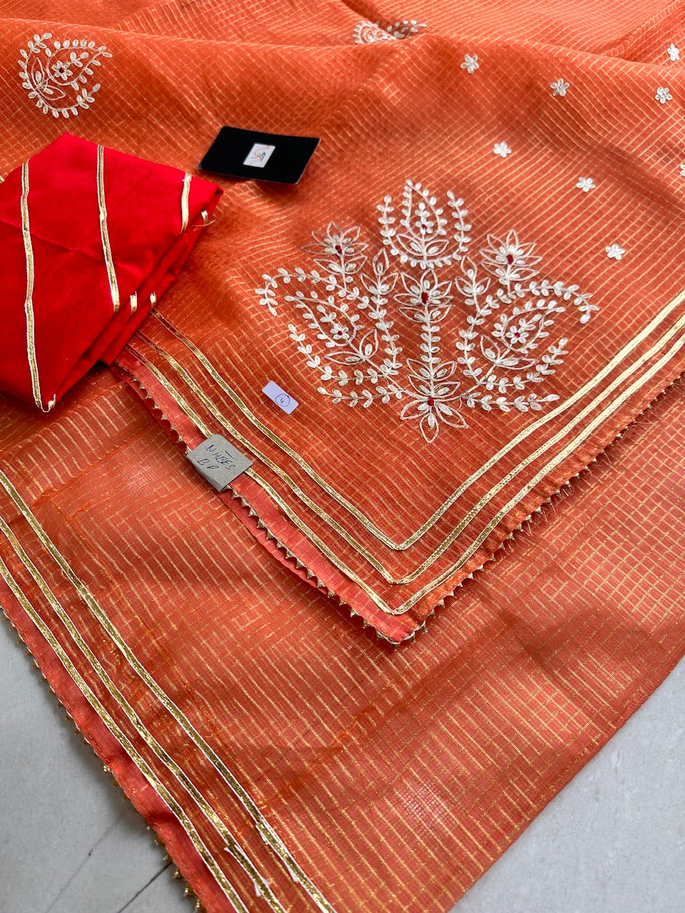 Jaipuri Pitta Work Embroidered Kota Cotton Tissue Doria Saree