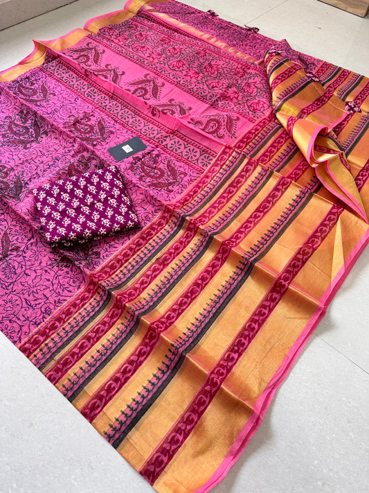 HandBlock Printed Kota Cotton Doria Saree