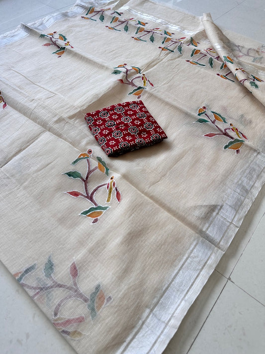 Embroidered Handpainted Kota Cotton Doria Saree