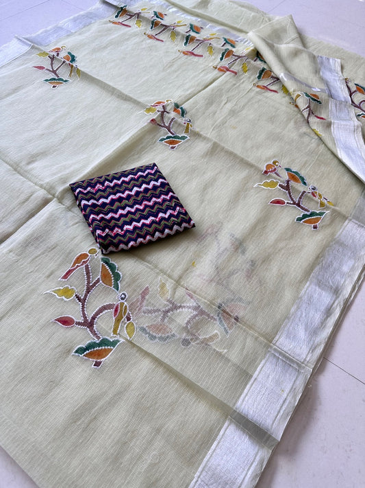 Embroidered Handpainted Kota Cotton Doria Saree