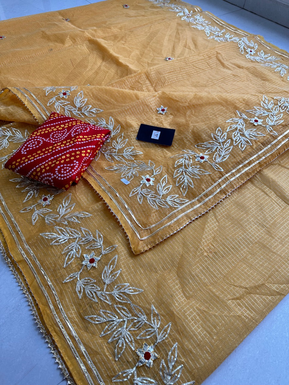 Jaipuri Gota Patti Embroidered Kota Cotton Tissue Doria Saree