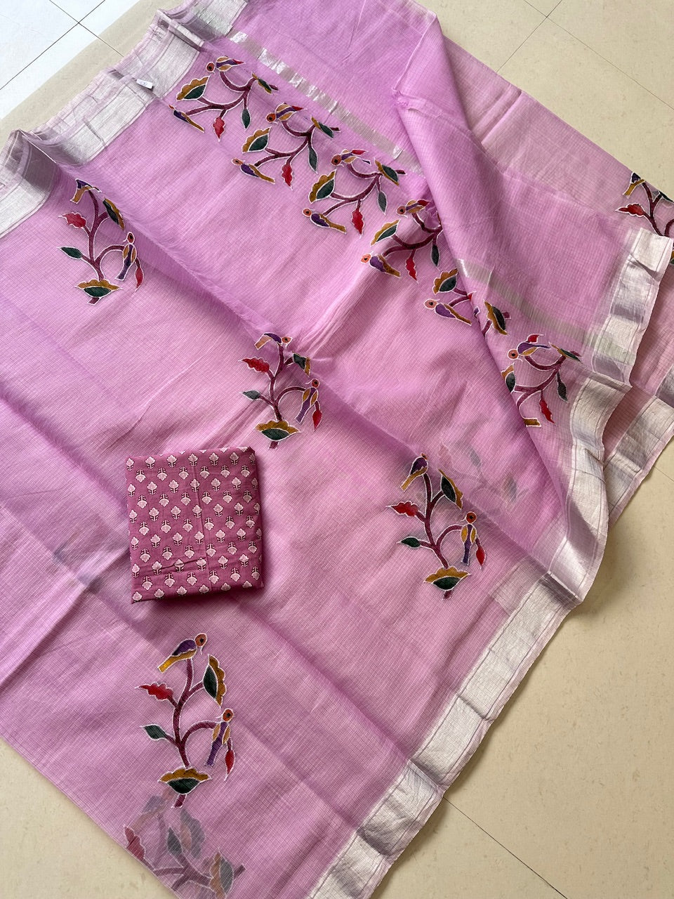 Embroidered Handpainted Kota Cotton Doria Saree