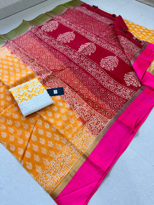 Pure HandBlock Printed Kota Cotton Doria Saree