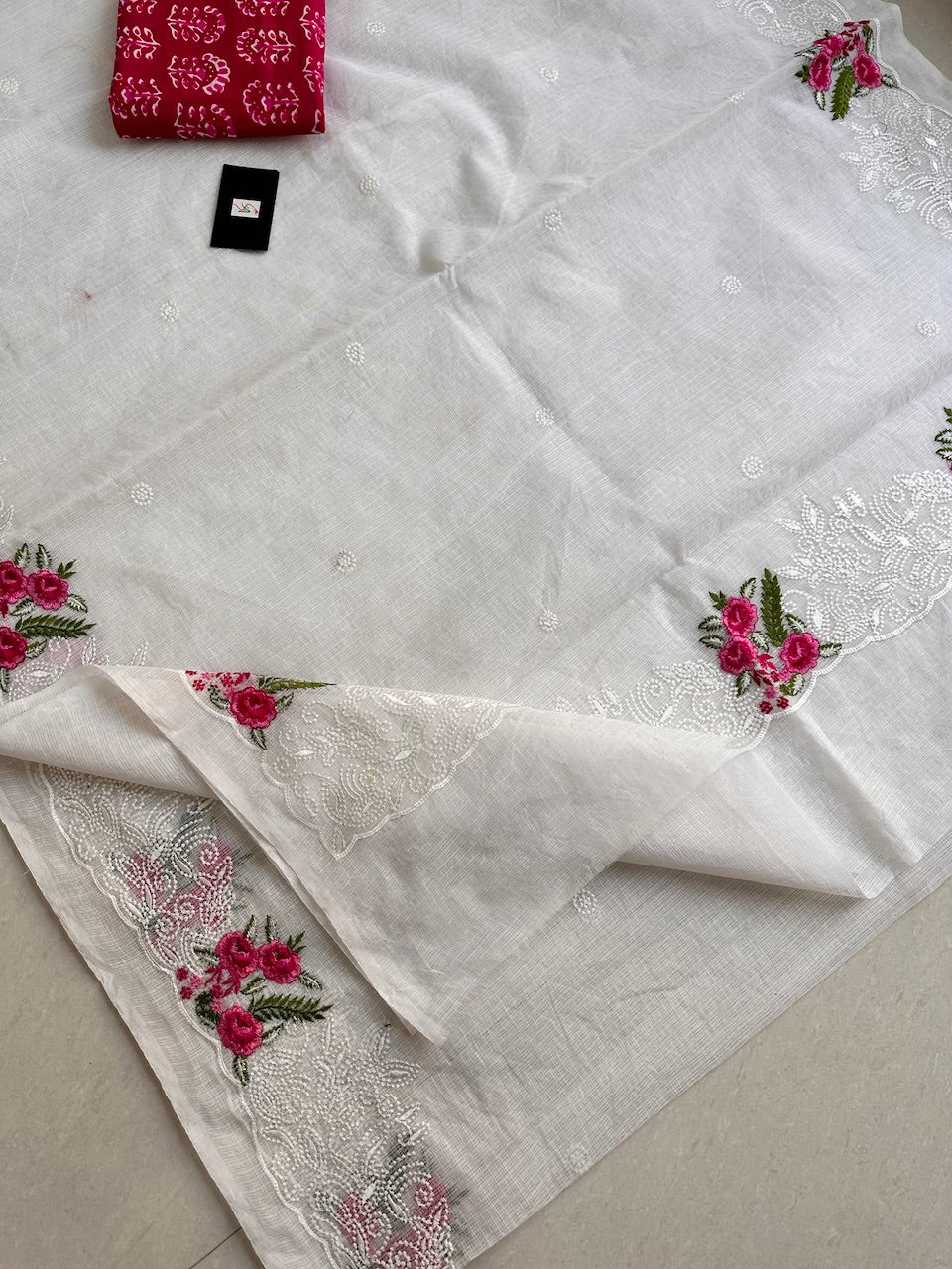 Embroidered Kota Cotton Doria Saree