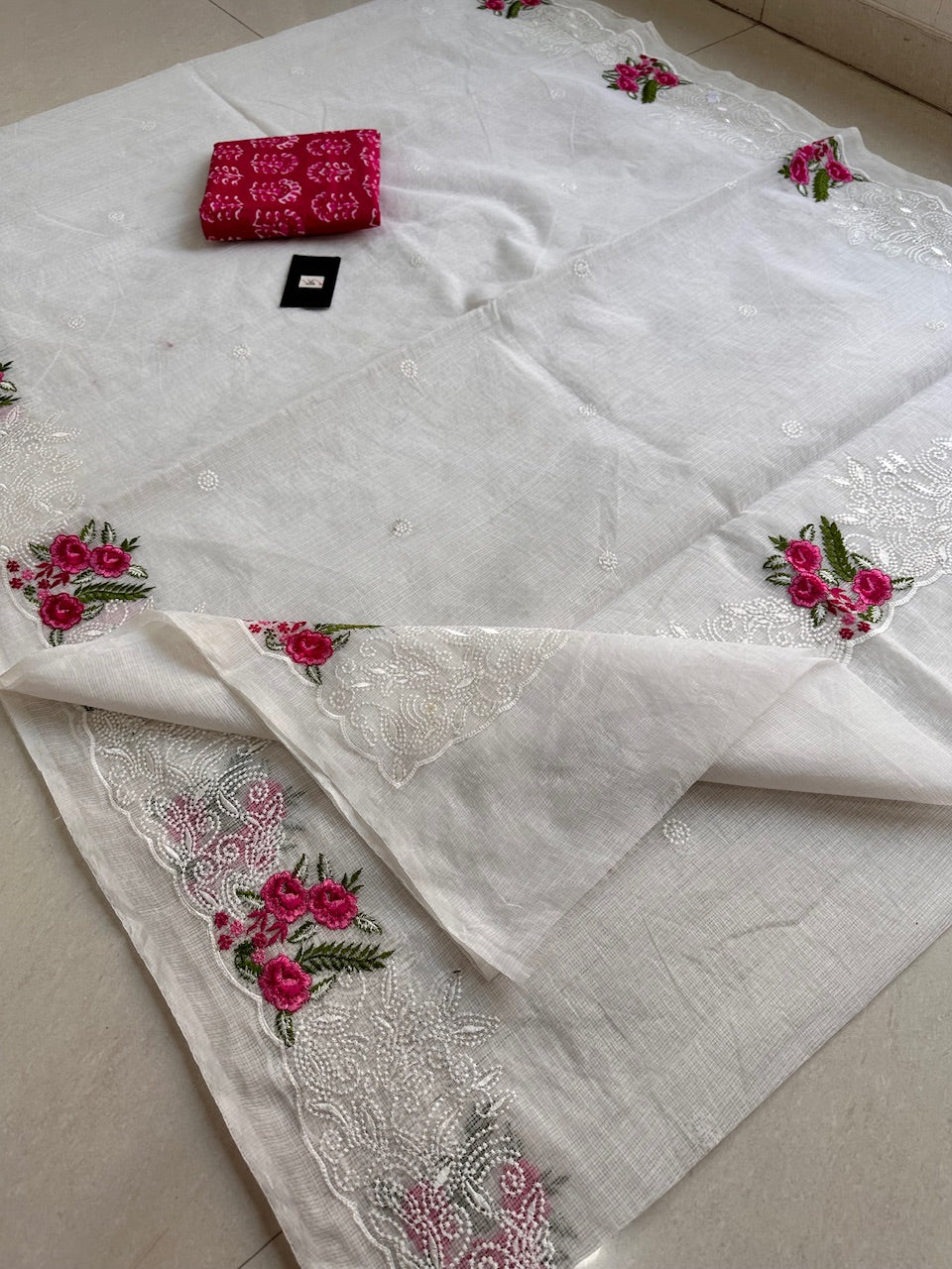 Embroidered Kota Cotton Doria Saree