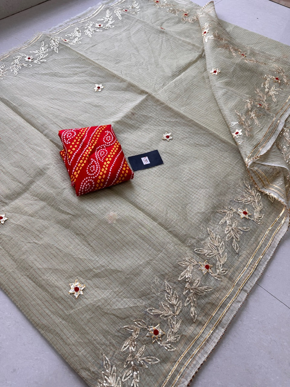 Jaipuri Gota Patti Embroidered Kota Cotton Tissue Doria Saree