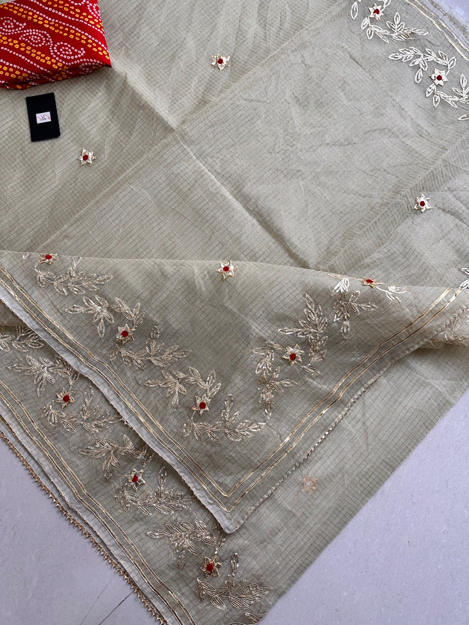 Jaipuri Gota Patti Embroidered Kota Cotton Tissue Doria Saree