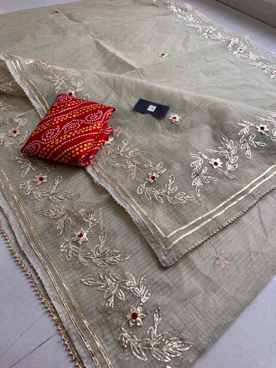 Jaipuri Gota Patti Embroidered Kota Cotton Tissue Doria Saree