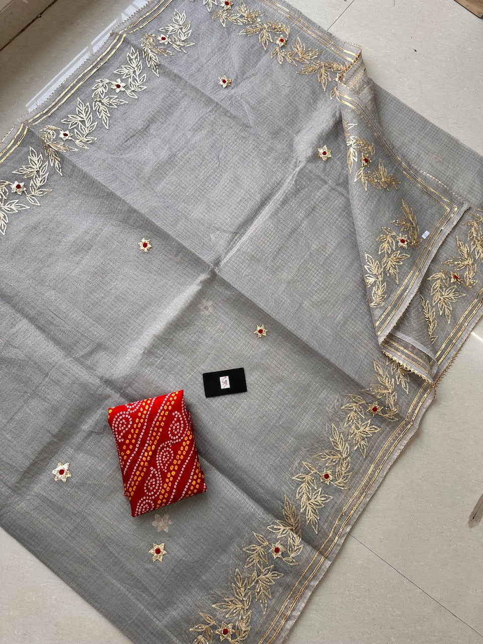 Jaipuri Gota Patti Embroidered Kota Cotton Tissue Doria Saree