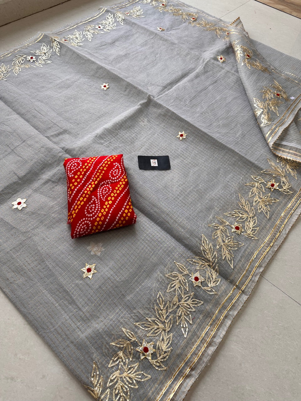 Jaipuri Gota Patti Embroidered Kota Cotton Tissue Doria Saree