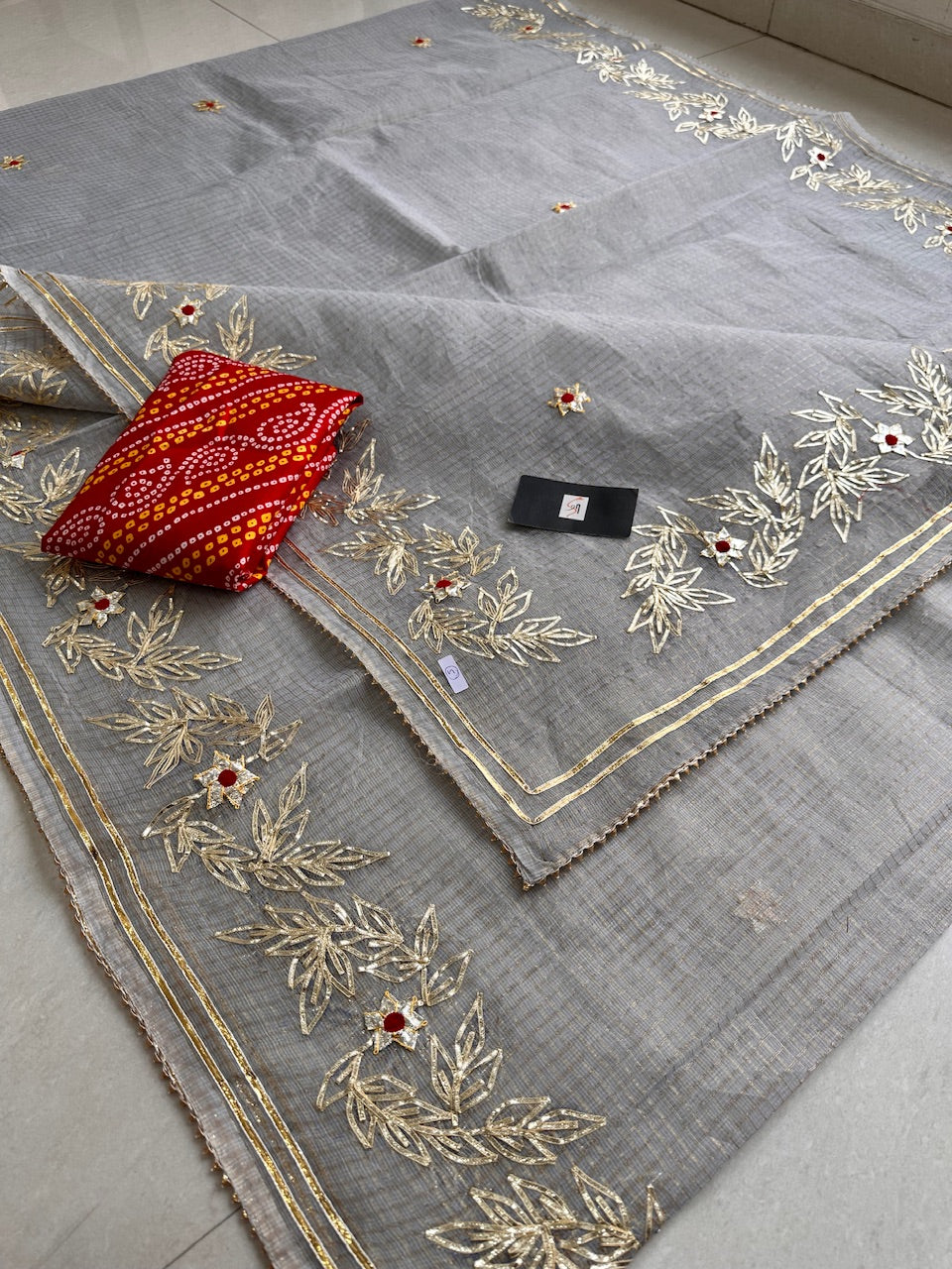 Jaipuri Gota Patti Embroidered Kota Cotton Tissue Doria Saree