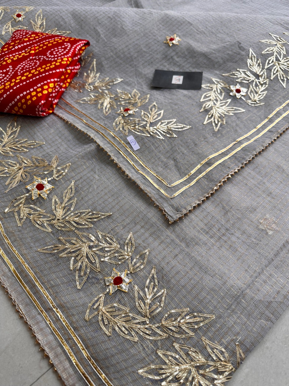 Jaipuri Gota Patti Embroidered Kota Cotton Tissue Doria Saree