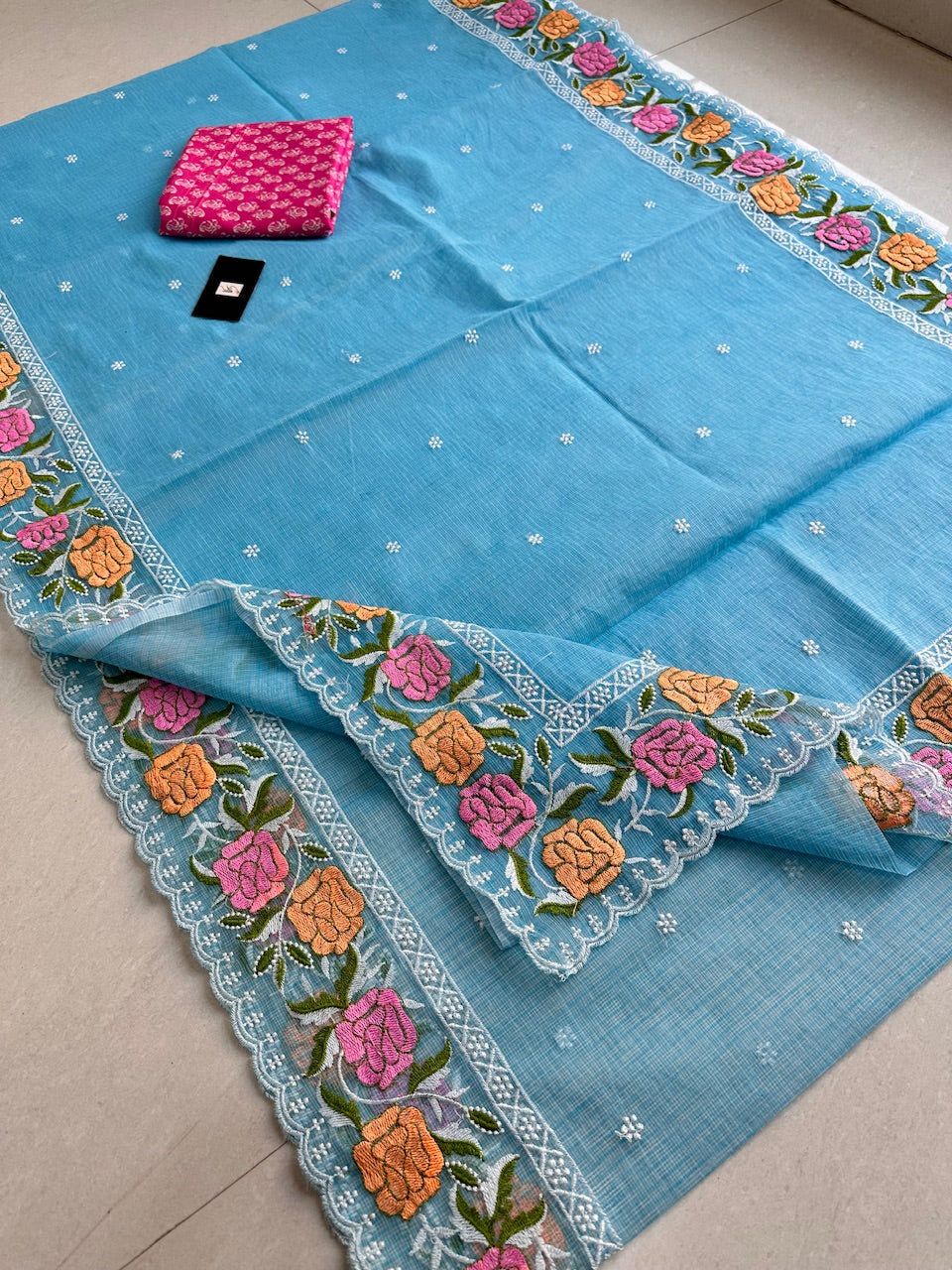 Embroidered Kota Cotton Doria Saree