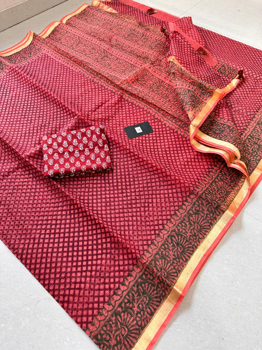 HandBlock Printed Kota Cotton Doria Saree