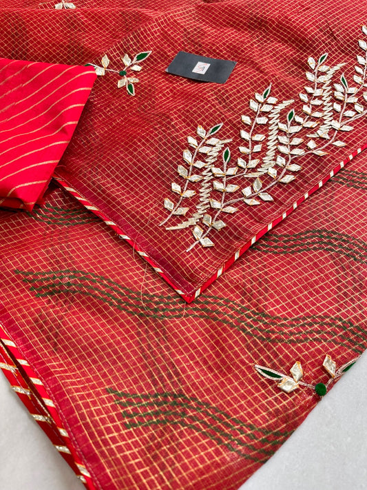 Jaipuri Gota Patti Embroidered Kota Cotton Tissue Doria Saree