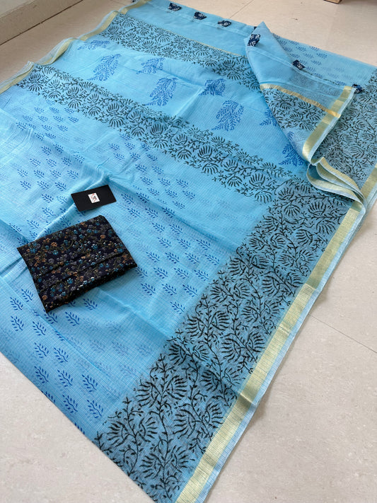 HandBlock Printed Kota Cotton Doria Saree