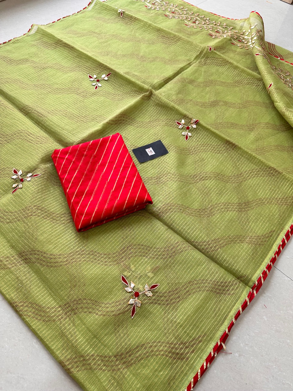 Jaipuri Gota Patti Embroidered Kota Cotton Tissue Doria Saree