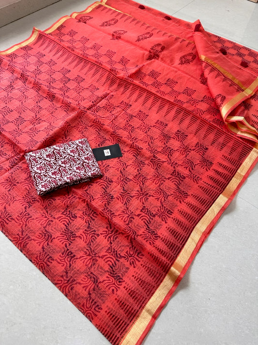 HandBlock Printed Kota Cotton Doria Saree