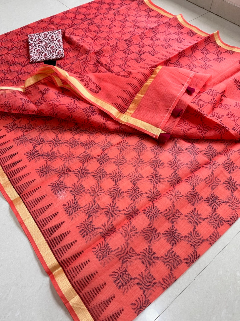 HandBlock Printed Kota Cotton Doria Saree