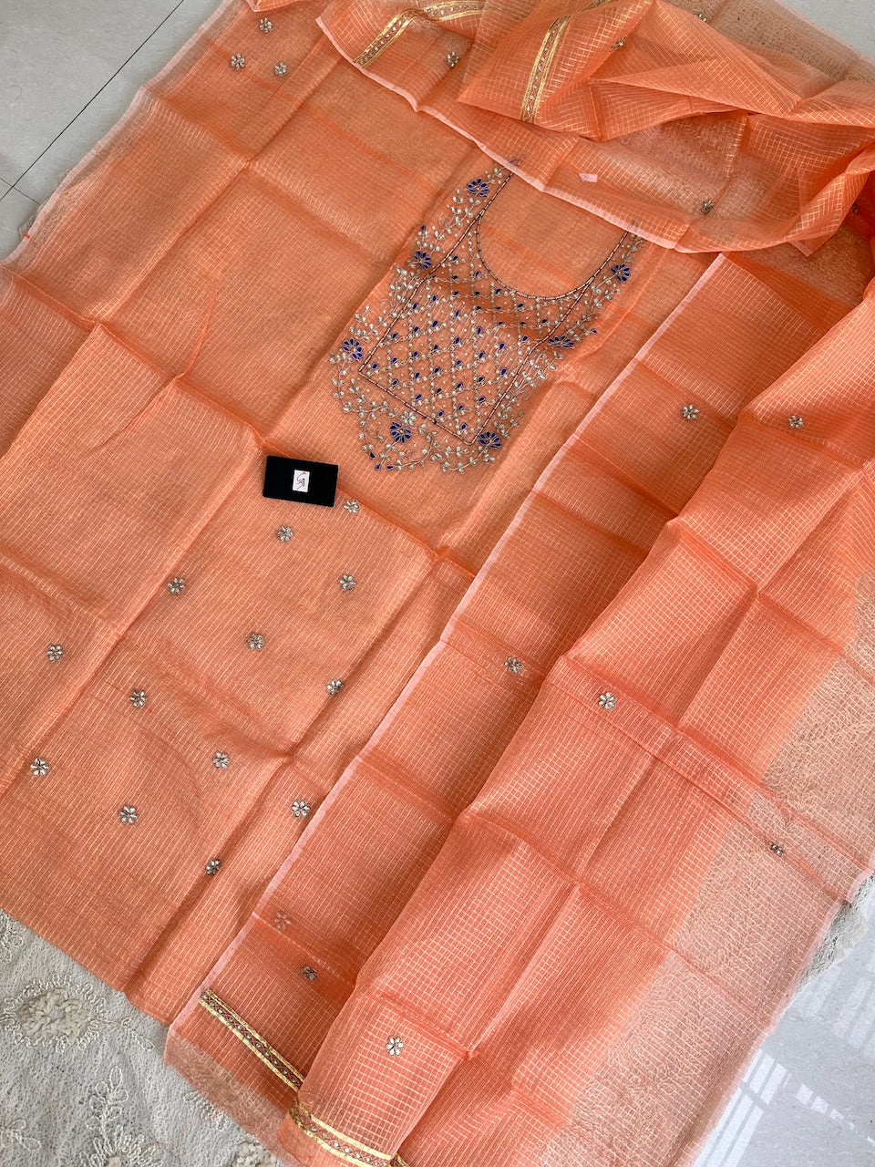 Jaipuri Gota Patti Hand Embroidered Kota Cotton Tissue Doria Top N Dupatta (Suit)