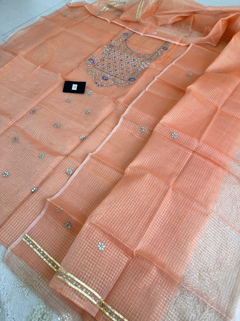 Jaipuri Gota Patti Hand Embroidered Kota Cotton Tissue Doria Top N Dupatta (Suit)