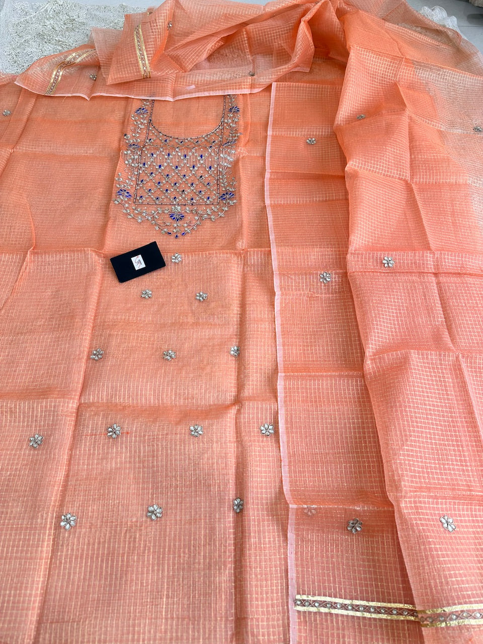 Jaipuri Gota Patti Hand Embroidered Kota Cotton Tissue Doria Top N Dupatta (Suit)