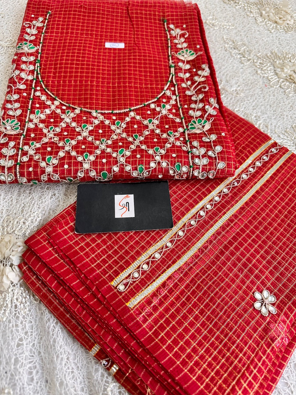 Jaipuri Gota Patti Hand Embroidered Kota Cotton Tissue Doria Top N Dupatta (Suit)