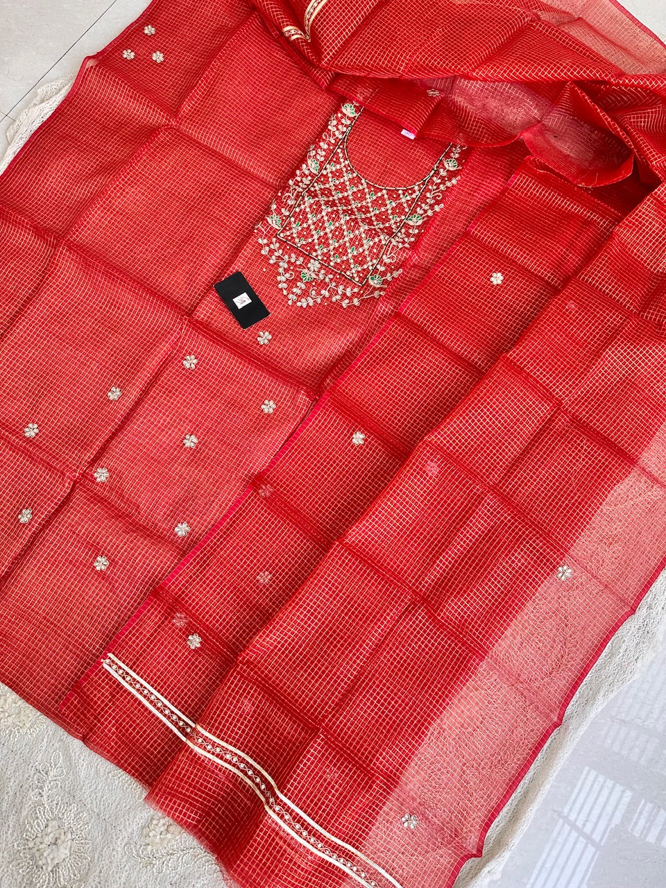 Jaipuri Gota Patti Hand Embroidered Kota Cotton Tissue Doria Top N Dupatta (Suit)