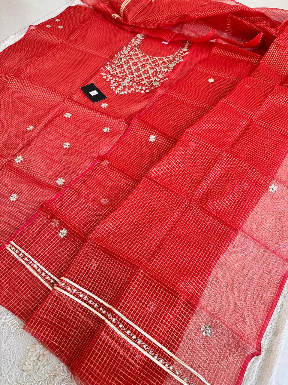 Jaipuri Gota Patti Hand Embroidered Kota Cotton Tissue Doria Top N Dupatta (Suit)