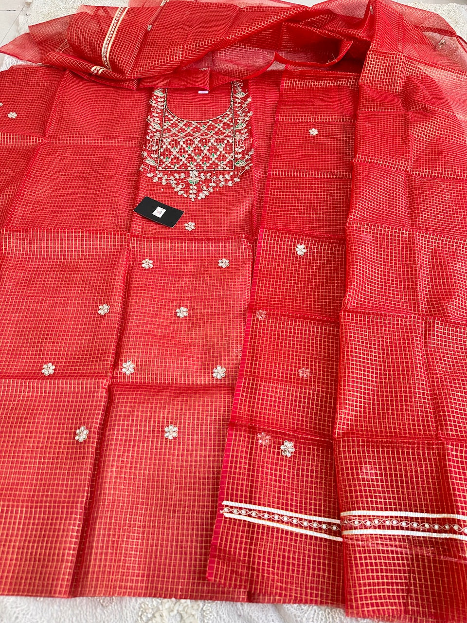 Jaipuri Gota Patti Hand Embroidered Kota Cotton Tissue Doria Top N Dupatta (Suit)