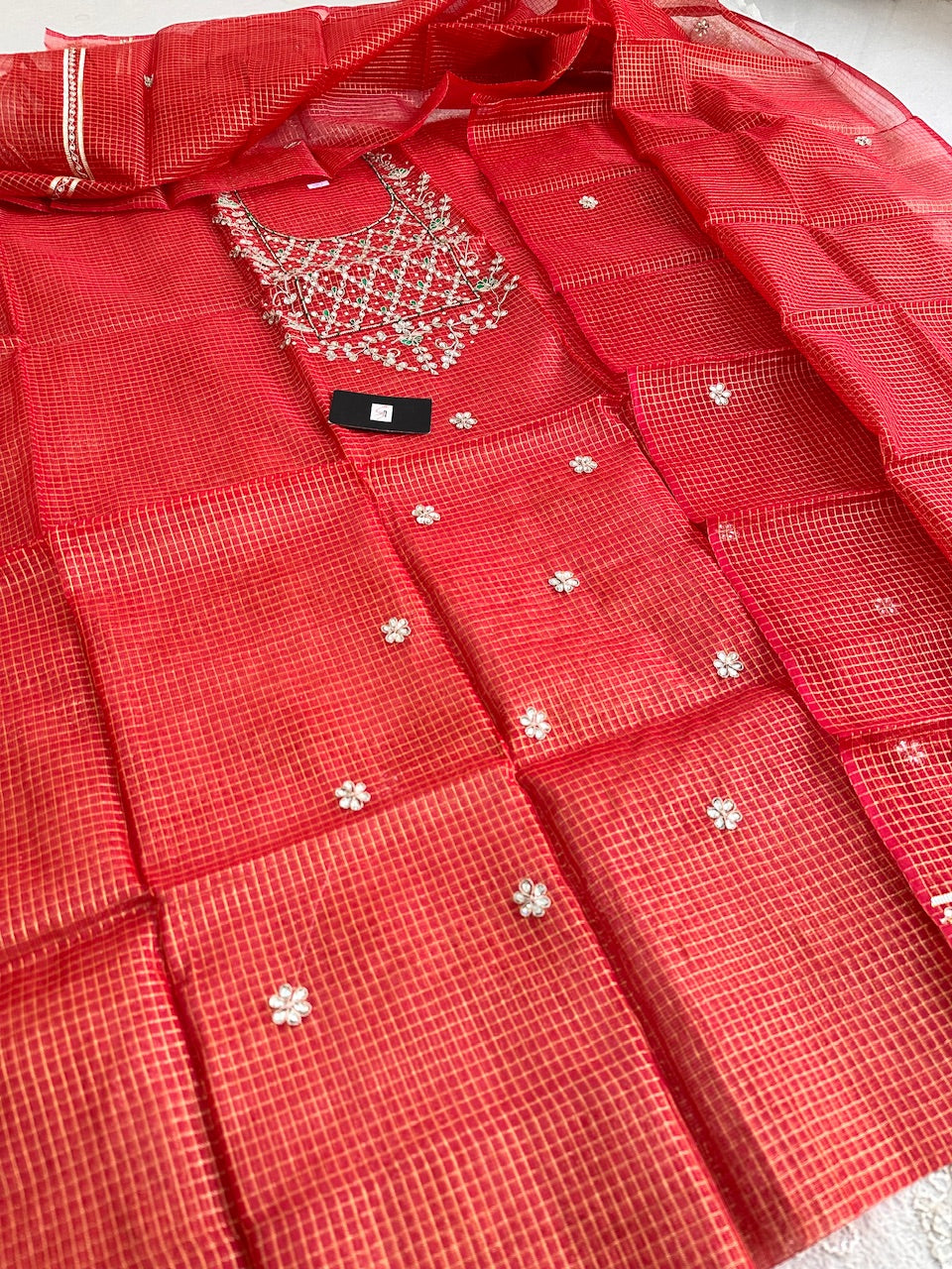 Jaipuri Gota Patti Hand Embroidered Kota Cotton Tissue Doria Top N Dupatta (Suit)