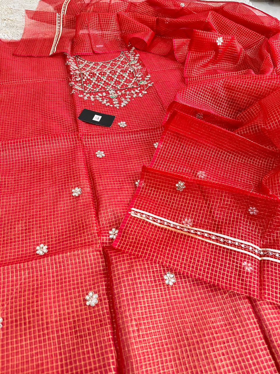 Jaipuri Gota Patti Hand Embroidered Kota Cotton Tissue Doria Top N Dupatta (Suit)