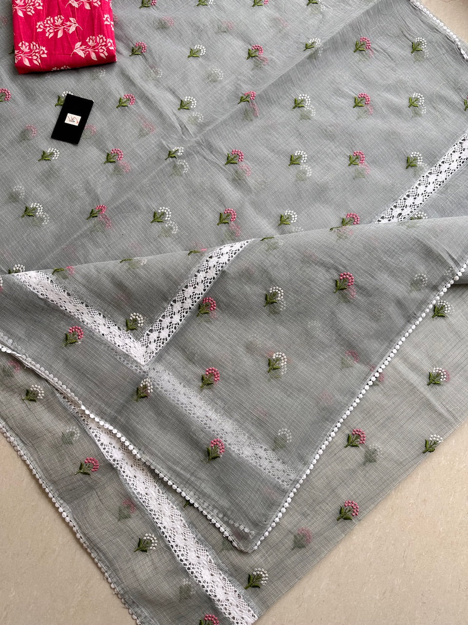 Embroidered Kota Cotton Doria Saree