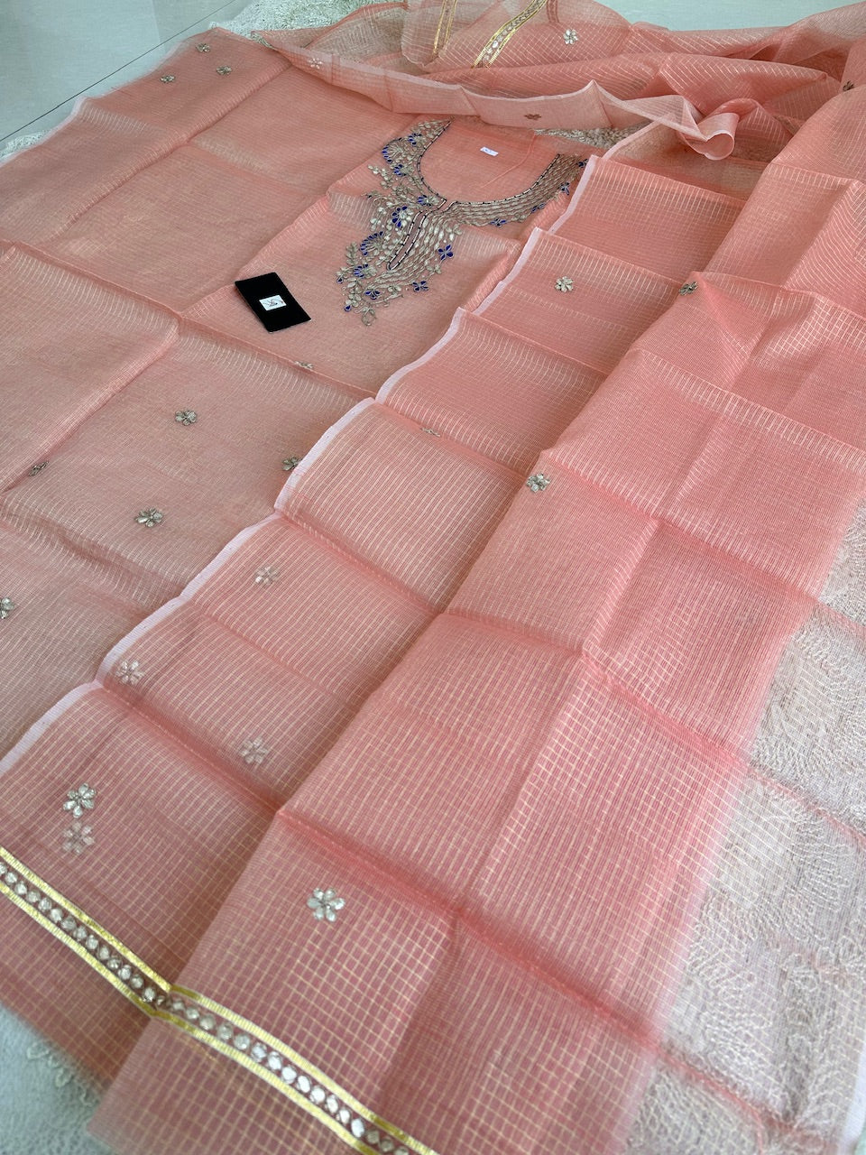 Jaipuri Gota Patti Hand Embroidered Kota Cotton Tissue Doria Top N Dupatta (Suit)