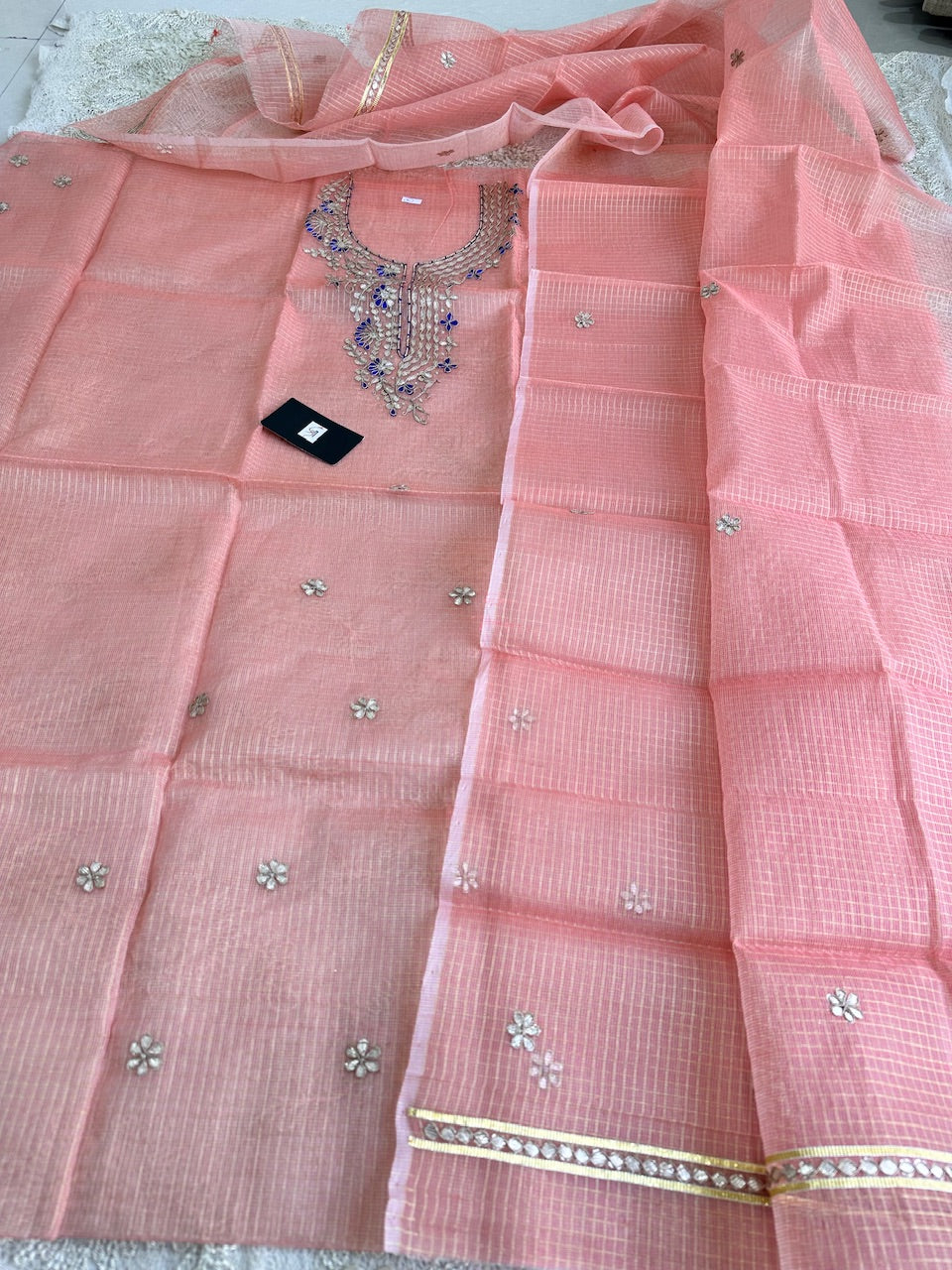 Jaipuri Gota Patti Hand Embroidered Kota Cotton Tissue Doria Top N Dupatta (Suit)