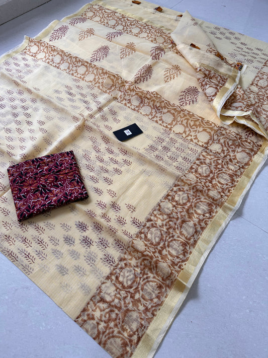 HandBlock Printed Kota Cotton Doria Saree