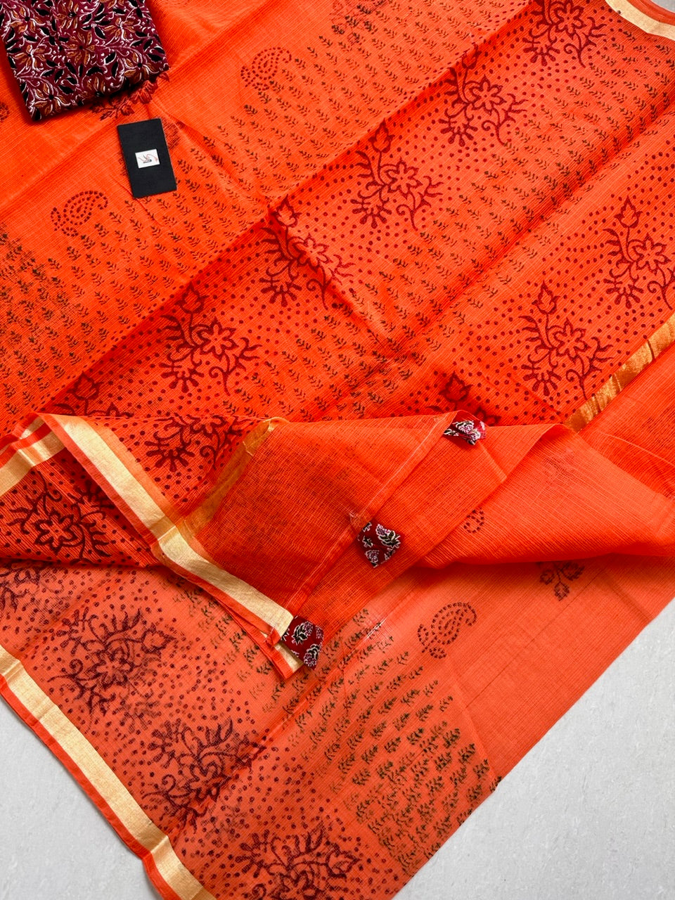 HandBlock Printed Kota Cotton Doria Saree