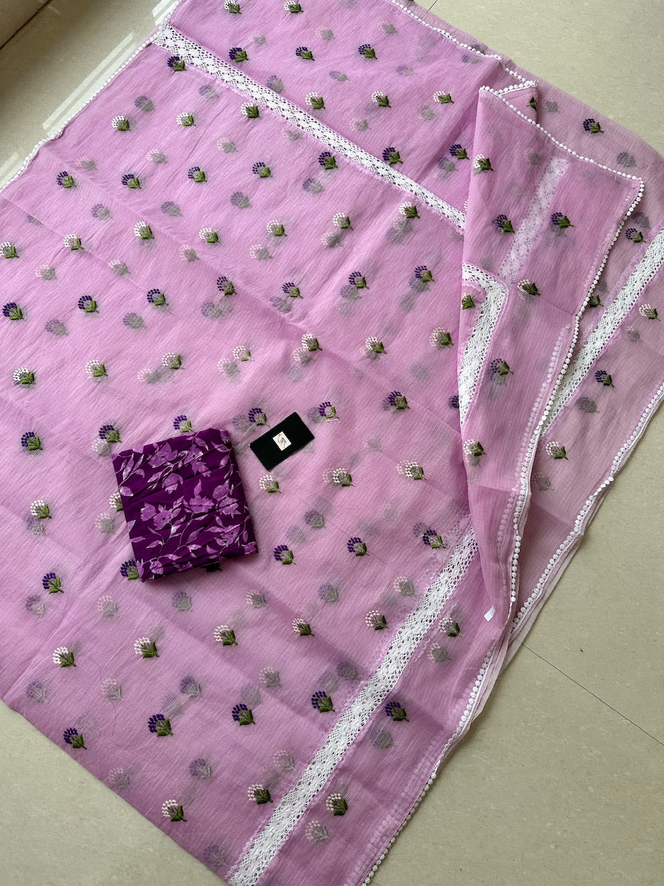 Embroidered Kota Cotton Doria Saree